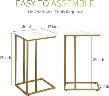 Possile C Shaped End Table Set of 2, Small Side Table for Sofa and Bed, Couch Tables That Slide Under, Snack Side Table for Living Room, Bedroom, White Faux Marble and Gold