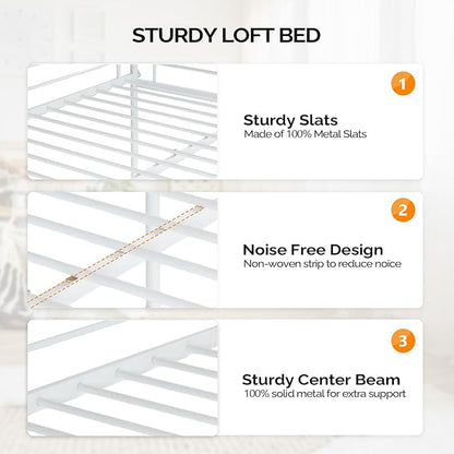 VINGLI Loft Bed Full Size with Flat Rungs for Adults, Kids and Young Teens, No Box Spring Required,Heavy Duty Metal Slat Support,White