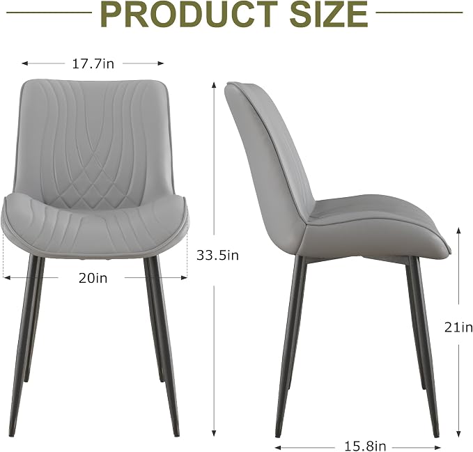 VECELO Dining Chairs Set of 2, Modern Upholstered Faux Leather Cushion Seat and Metal Legs for Kitchen, Living Room, Grey