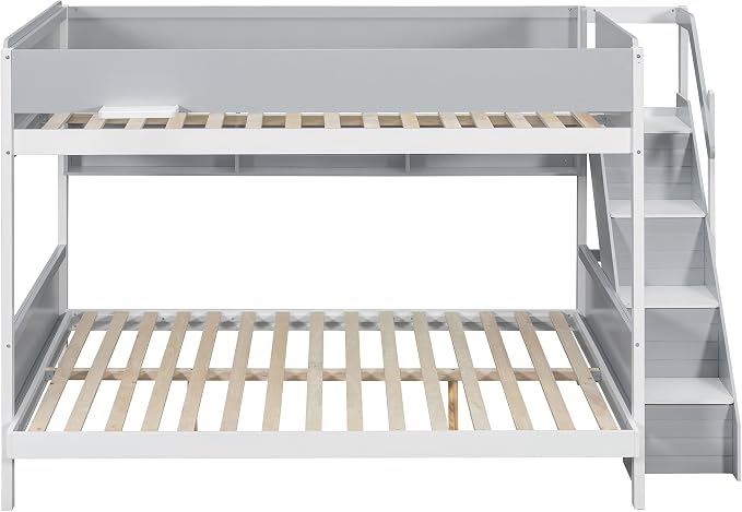 Wood Bunk Bed Full XL Over Queen with Staircase and Side Shelves | Light Strip Included, Striped-Design Stairs, Kids Teens Adults, Space-Saving Design, Versatile Bed Frame