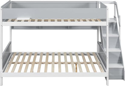 Wood Bunk Bed Full XL Over Queen with Staircase and Side Shelves | Light Strip Included, Striped-Design Stairs, Kids Teens Adults, Space-Saving Design, Versatile Bed Frame