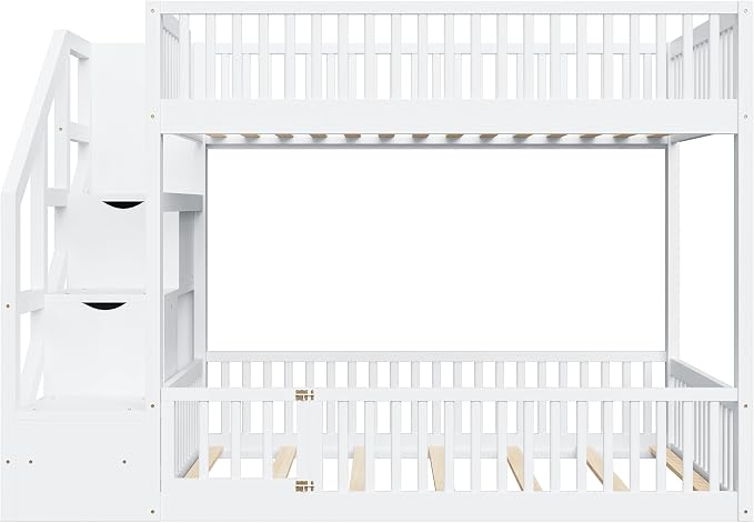 Full Over Full Floor Bunk Bed with Storage Ladder and Guardrails,for Kids Teens Adults (White#FF, Full Over Full)