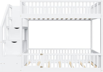 Full Over Full Floor Bunk Bed with Storage Ladder and Guardrails,for Kids Teens Adults (White#FF, Full Over Full)