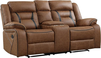 EBELLO Faux Leather Manual Loveseat Recliner, 2 Seat Reclining Sofa Chair with Center Console, Hidden Storage and Cup Holders, Daul Recliner for Living Room, Meeting Room, Brown (Loveseat)