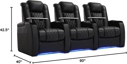 Weilianda Home Theater Seating Top Grain Leather, Zero Gravity Movie Theater Chairs Set, Power Headrest Recliner Chair Gaming Seats, 7 Colors Mood Light Sofa with Tray Table USB Charge Row of 3 Black