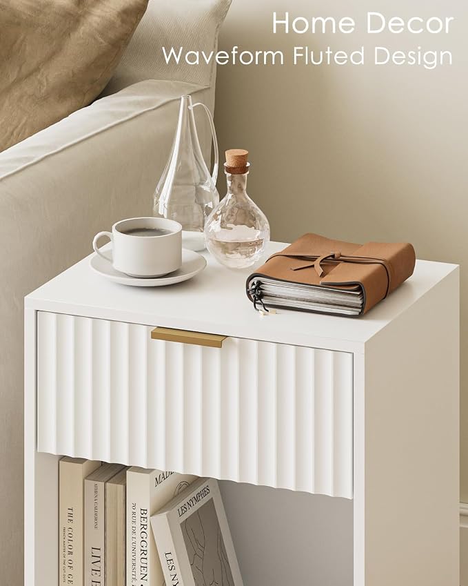 Masupu White Nightstand, Fluted Night Stand, Wood Bedside Table with Storage Drawer, Modern Side End Table for Bedroom, White