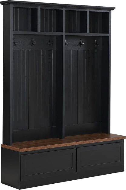 55.9" W Hall Tree with Bench and Shoe Storage,Shoe and Coat Rack with Drawer and Hooks,Farmhouse Furniture for Entryway,Mudroom,Living Room,Black