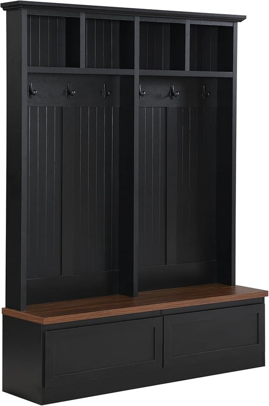 55.9" W Hall Tree with Bench and Shoe Storage,Shoe and Coat Rack with Drawer and Hooks,Farmhouse Furniture for Entryway,Mudroom,Living Room,Black