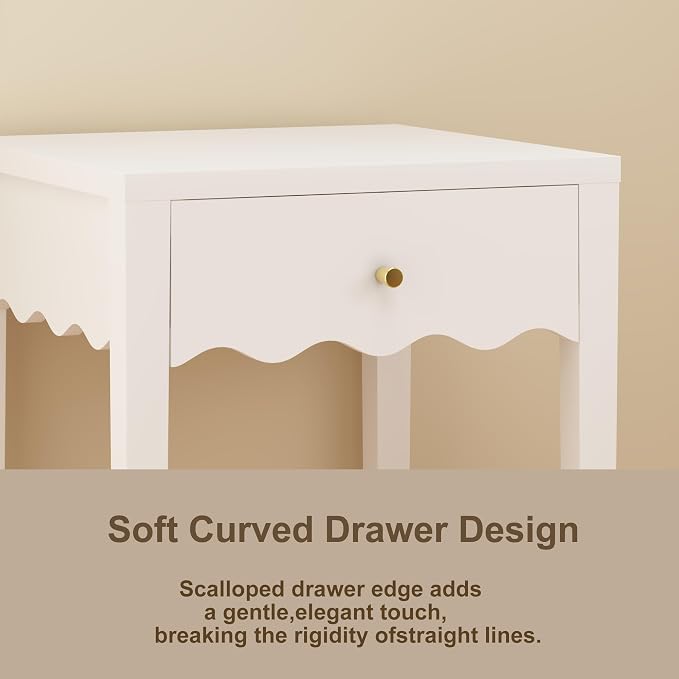 Nightstand with Drawer and Open Shelf, Scalloped Edge End Table for Sofa, Slim White Bedside Table for Girls Bedroom, Dorm, Coquette Preppy Room Decor