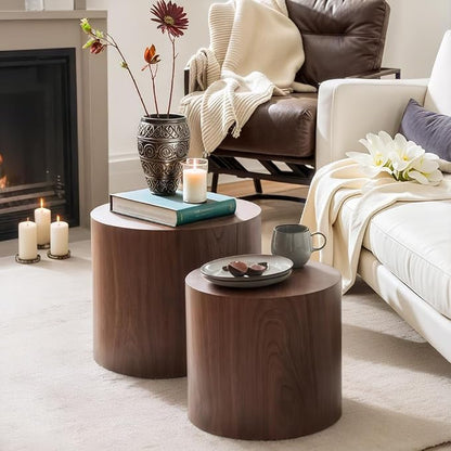 Nesting Coffee Table Set of 2, Modern Round Coffee Table with Non-Slip Feet, Walnut Wooden Circle Accent Tables for Small Spaces Living Room Bedroom Balcony Office Drum Side Table (Walnut)