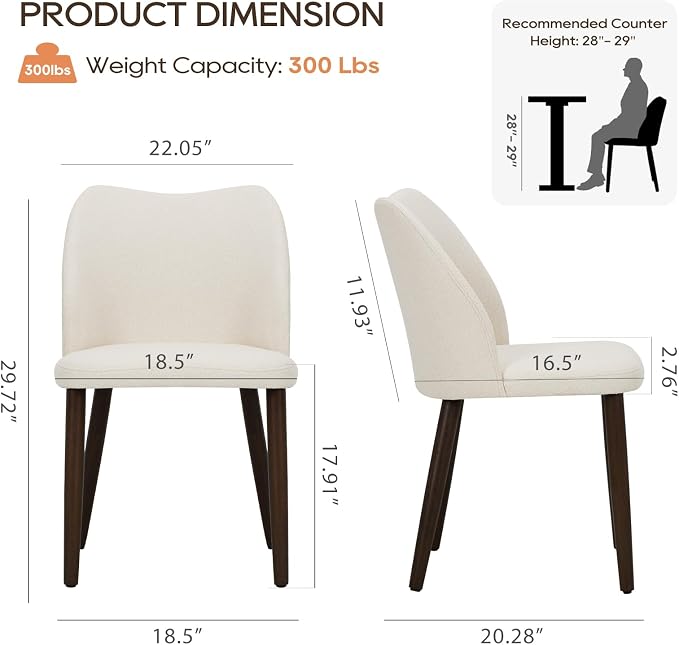 COLAMY Dining Chairs Set of 2, Upholstered Fabric Kitchen Chairs with Curved Back, Padded Seat and Solid Wood Legs, Modern Dining Chair for Kitchen Dining Room, Beige