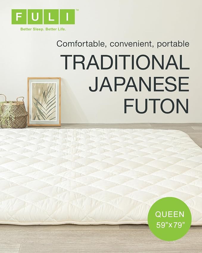 FULI Japanese Futon, Queen Size, White - Foldable Shikibuton Floor Bed - Medium Firm Quilted Cotton Sleeping Pad, Portable Roll-Up Japanese Floor Bed for Guests & Small Spaces