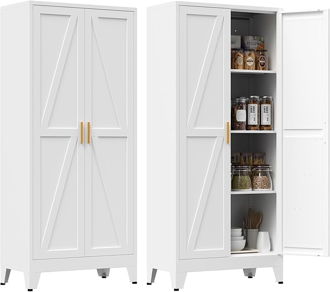 61" Tall Metal Pantry Cabinet, Kitchen Storage Cabinet with 2 Doors and 3 Adjustable Shelves for Kitchen, Living Room, Dining Room, Bathroom and Home, Office (White, 1PC)
