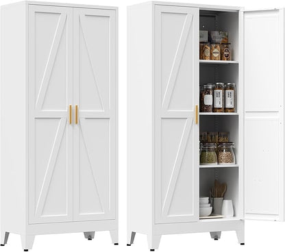 61" Tall Metal Pantry Cabinet, Kitchen Storage Cabinet with 2 Doors and 3 Adjustable Shelves for Kitchen, Living Room, Dining Room, Bathroom and Home, Office (White, 1PC)