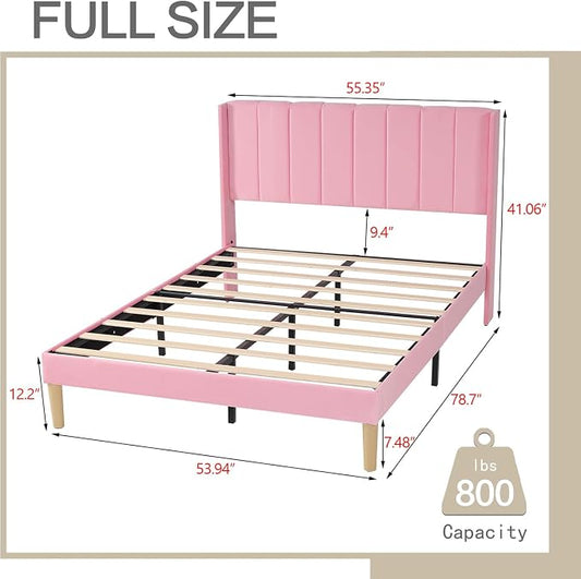 AGARTT Upholstered Platform Bed Frame Full Size with Headboard and Footboard/Wooden Slats Support/No Box Spring Needed Easy Assembly,Pink Velvet