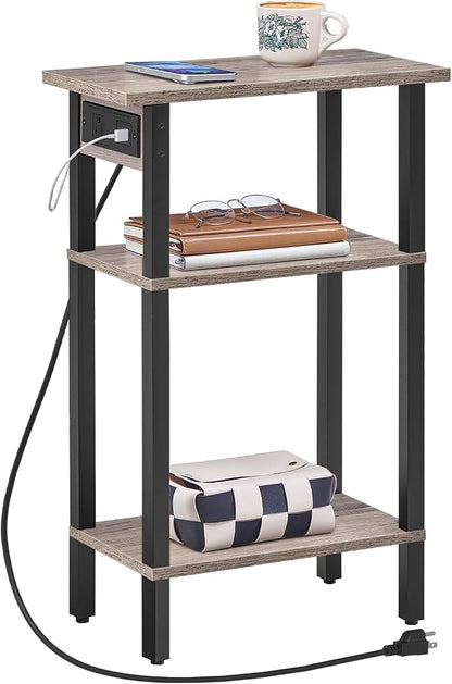HOOBRO Narrow Side Table, 3-Tier Slim End Table with Charging Station, Skinny Nightstand with Open Storage, for Small Spaces, Living Room, Bedroom, Study, Rustic Brown and Black BG340UBZ01