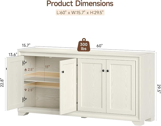 ONBRILL 60" Buffet Cabinet with Storage, 4 Doors Sideboard Buffet Cabinet with Adjustable Shelves, Modern Coffee Bar Console Table for Living Room, Kitchen, Entryway, Grey