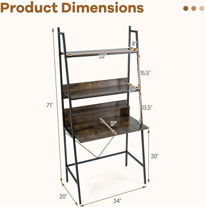 Tangkula 3-Tier Ladder Computer Desk, 71 Inch Modern Writing Desk with Storage Shelves, PC Laptop Workstation, Ladder Bookcase Stand Shelf with Metal Frame, Study Shelf Desk for Home Office (Brown)