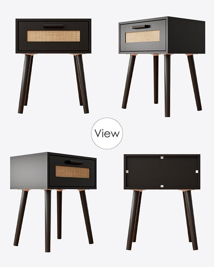Aienvey Bedroom Nightstands Wooden Night Stands with Rattan Weaving Drawer Home Bedside End Table for Bedroom Storage (Bohemian-Black)