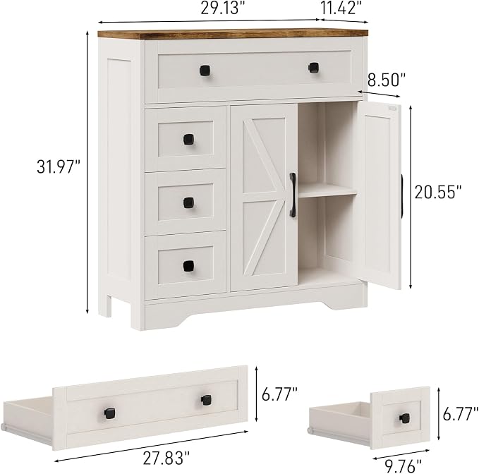 Vabches Farmhouse Storage Cabinet with 2 Doors and 4 Drawers, Freestanding Bathroom Storage Cabinet Kitchen Pantry, Floor Hutch Cupboard for Living Room/Bathroom/Kitchen.(Antique White