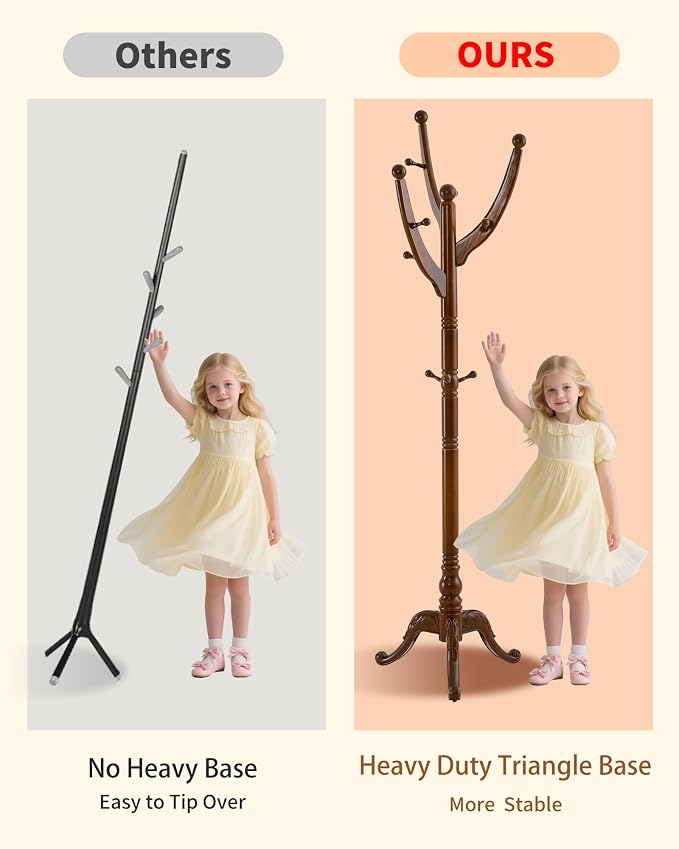 Wooden Coat Rack Freestanding, Solid Wood Coat Rack Stand with 13 Hooks, Mid-Century Modern Heavy Duty Coat Racks,Walnut Brown Standing Coat Jacket Hanger Clothes Tree Stand for Corner, Office