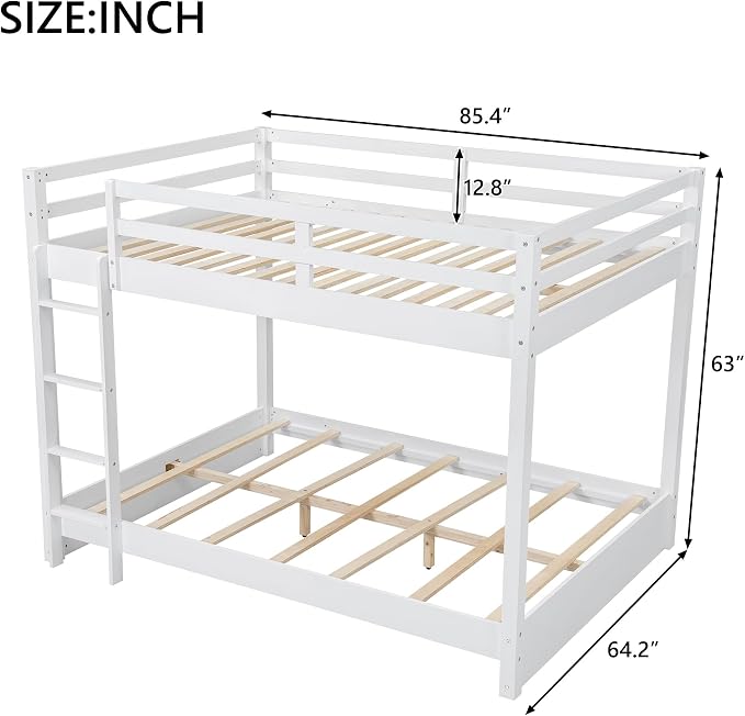 Bellemave Queen Over Queen Size Bunk Bed for Kids/Adults,Solid Wood Bunk Bed Frame Queen Size with Ladder & Safety Guardrails,White