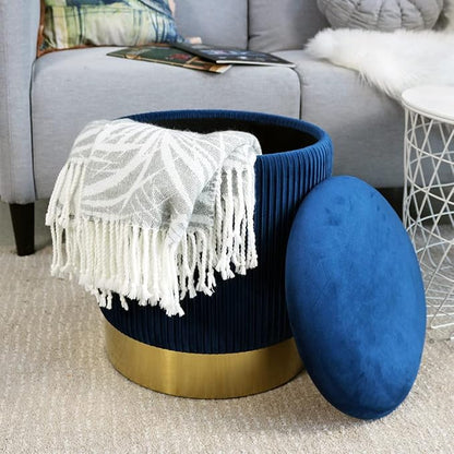 Blue Round Ottoman with Storage Set of 2 Upholstered Velvet Vanity Stool for Living Room Small Ottoman Coffee Table with Removable Lid Foot Stool for Living Room, Bedroom, Hallway, Assembly Free