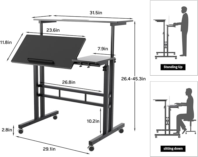 SogesHome 31.5 inches Adjustable Laptop Desk Table, Portable Computer Stand with Cart Tray and Computer Host Stand, Black