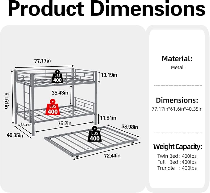Metal Bunk Bed with Trundle, Space-Saving Bunk Bed Twin Over Twin with Ladders and Safety Guardrail, Heavy Duty Twin Bed Frames, No Box Spring Needed and Noise Free(Silver)
