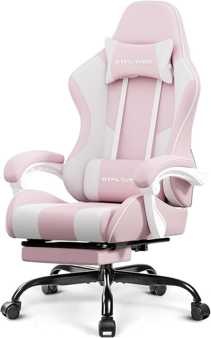 GTPLAYER Gaming Chair with Footrest, Computer Chair with and Lumbar Support, Height Adjustable Game Chair with 360°-Swivel Seat and Headrest and for Office or Gaming (Pink-Fabric)