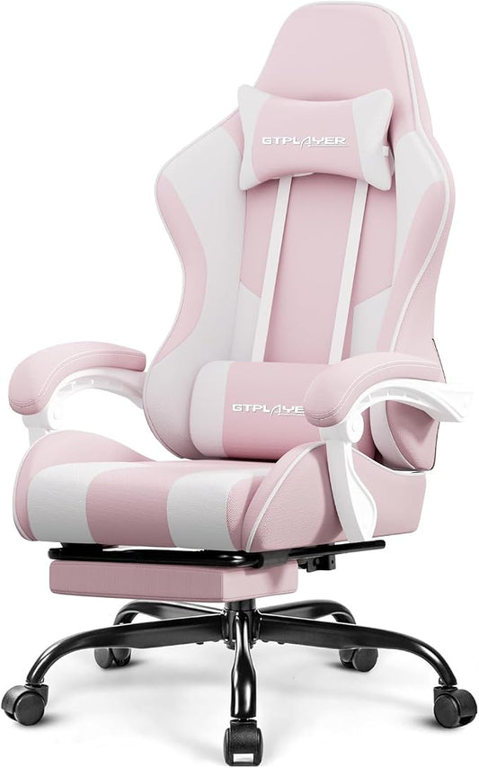 GTPLAYER Gaming Chair with Footrest, Computer Chair with and Lumbar Support, Height Adjustable Game Chair with 360°-Swivel Seat and Headrest and for Office or Gaming (Pink-Fabric)
