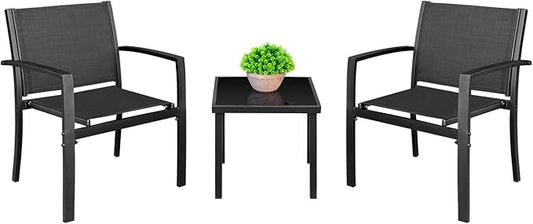 Homall 3 Pieces Patio Furniture Set Outdoor Patio Conversation Textilene Bistro Set Modern Porch Lawn Chairs with Coffee Table for Home and Balcony (Black)