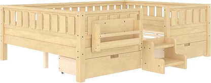 Bellemave Queen Size Bed with Slats and Stairs, Queen Size Platform Bed Frame with Fence, Bookshelf and Storage Drawers, Easy Assemble Beds for Girls, Boys, Light Natural