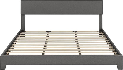 SHA CERLIN Linen Upholstered King Size Bed Frame with Headboard, Dark Gray | Adjustable Low-Profile Platform Bed, Minimalist Design, Stable Mattress Foundation, Strong Back-Support, No Box Spring Needed