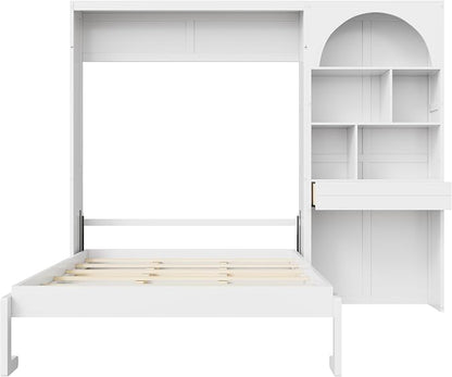 Merax Wood Multi-Functional Murphy Bed with Cabinets & a Drawer,White+Black | Queen Size Farmhouse Foldable Wall Bed with Upholstered Headboard / No Box Spring Needed / Space Saving