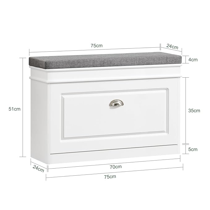 SoBuy Small Shoe Storage Bench, Narrow Shoe Cabinet for Entryway, Shoe Rack with Cushion&2 Tiers Flip-Drawer, Closet Hallway Mudroom White FSR82-L-W | Narrow shoe storage cabinet with 2-tier rack & 2 adjustable height shelves for small spaces, white, 7...
