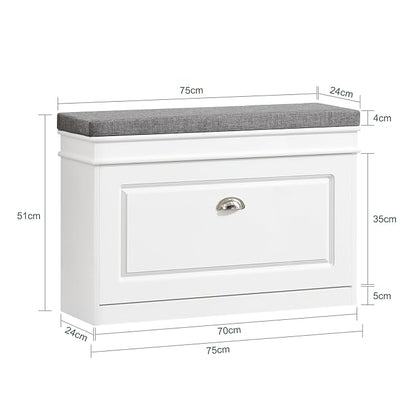 SoBuy Small Shoe Storage Bench, Narrow Shoe Cabinet for Entryway, Shoe Rack with Cushion&2 Tiers Flip-Drawer, Closet Hallway Mudroom White FSR82-L-W | Narrow shoe storage cabinet with 2-tier rack & 2 adjustable height shelves for small spaces, white, 7...