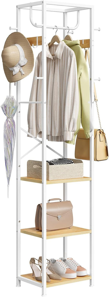 ELYKEN Coat Rack Freestanding, Hall Tree with 3 Storage Shelves and 12 Hooks, Industrial Clothes Rack Stand Organizer for Bedroom, Hallway, Entryway, Office, Living Room