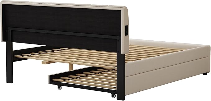 Queen Size Upholstered Platform Bed with Pull-Out Trundle Bed | Twin Size Trundle, LED Lighting Controlled by APP, USB+Type-C Charging Ports, Chenille Upholstered Bed Frame,Beige