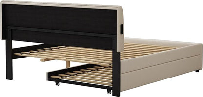 Queen Size Upholstered Platform Bed with Pull-Out Trundle Bed | Twin Size Trundle, LED Lighting Controlled by APP, USB+Type-C Charging Ports, Chenille Upholstered Bed Frame,Beige