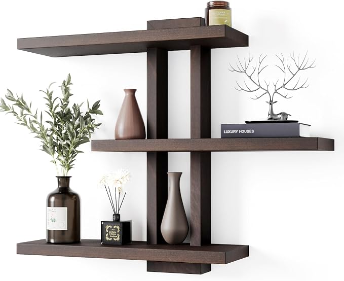 yaqew Variable Wood Floating Shelves Set of 3, Wall Cube Shelves 28.35" Max, Wall Shelves for Living Room Bathroom Bedroom - Dark Walnut Color - 28.35" x 23" x 5.9" Max