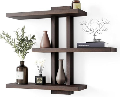 yaqew Variable Wood Floating Shelves Set of 3, Wall Cube Shelves 28.35" Max, Wall Shelves for Living Room Bathroom Bedroom - Dark Walnut Color - 28.35" x 23" x 5.9" Max
