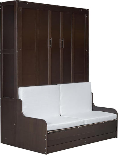 MERITLINE Queen Murphy Bed with Sofa,Wood Folding Murphy Wall Bed Cabinet with Couch (Espresso)