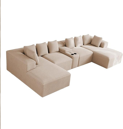 143" Oversized U Shaped Cloud Sectional Couches for Living Room, Comfy Fluffy Corduroy Beige Boneless Couch, Large Modular Sectional Sofa Set with Chaise, Cup Holder, USB Port, Storage Console