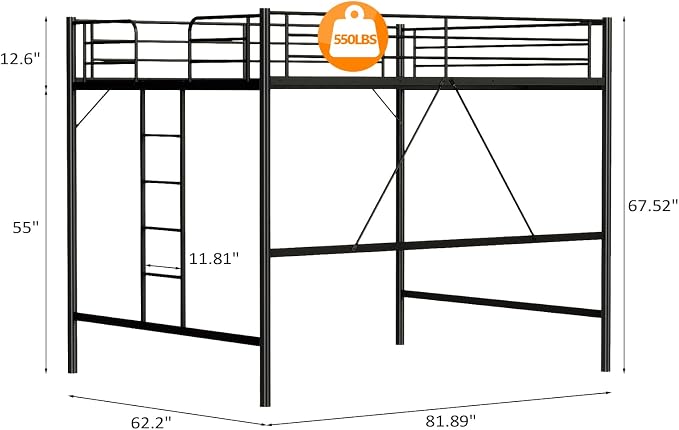 VINGLI Queen Loft Bed with Flat Rungs for Adults, Kids and Young Teens, No Box Spring Required,Heavy Duty Metal Slat Support, Purple