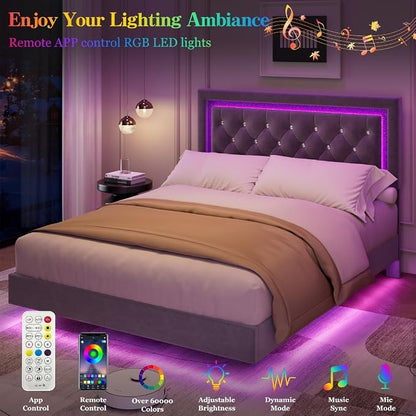Garvee Floating Bed Frame Queen Size with Smart Led Lights, Upholstered Platform Bed with Diamond Headboard, Solid Wood Slats Support, No Box Spring Needed, Noise-Free, Easy Assembly, Grey