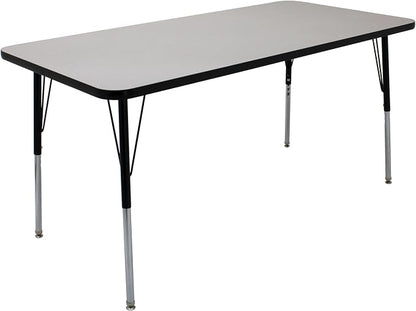 FDP Rectangle Activity School and Office Table (30 x 60 inch), Standard Legs with Swivel Glides, Adjustable Height 19-30 inches; Quick Ship Single Box - Gray Top and Black Edge