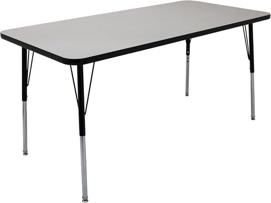 FDP Rectangle Activity School and Office Table (30 x 60 inch), Standard Legs with Swivel Glides, Adjustable Height 19-30 inches; Quick Ship Single Box - Gray Top and Black Edge
