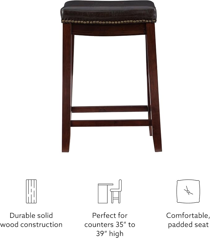 Linon Home Décor Kingston Backless Linon Claridge Stool, Counter Height, Brown Patch Counter, 12.75"D x 18.25"W x 26.75"H