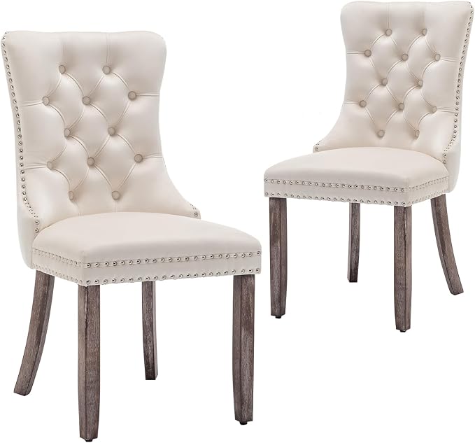 Hixkol Velvet Dining Chairs Set of 2,Upholstered Dining Chairs with Ring Pull Trim and Button Back,Modern Seating for Kitchen, Bedroom & Living Room(Beige)